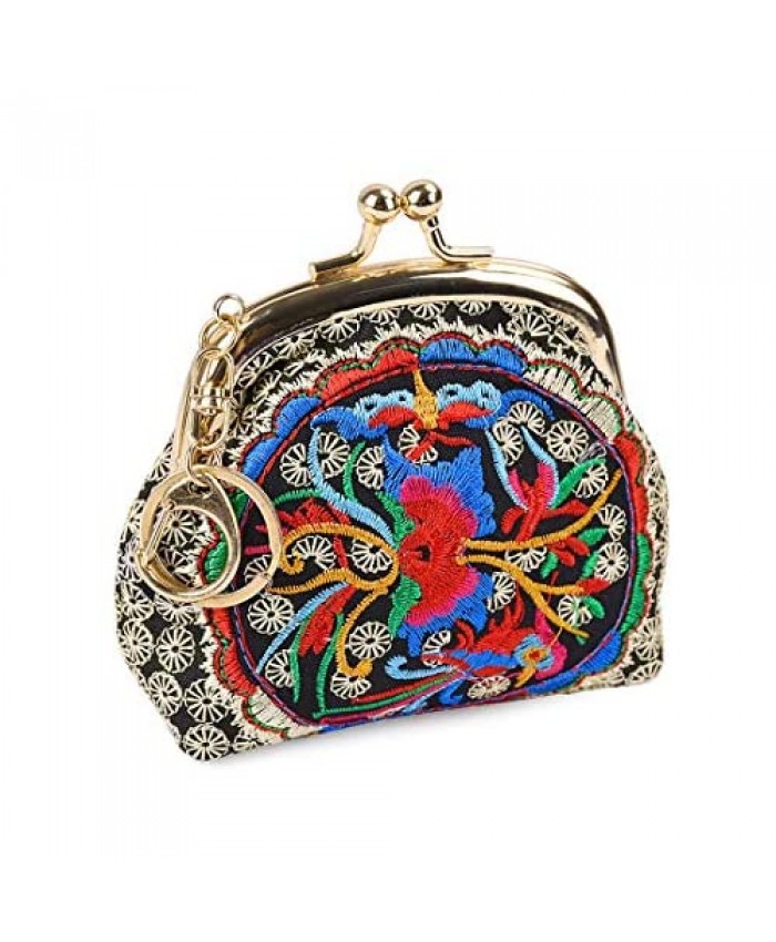 Saien Embroidered Coin Purse Embroidery Coin Bag Vintage Clutch Wallet Handbag Kiss Lock Pouch