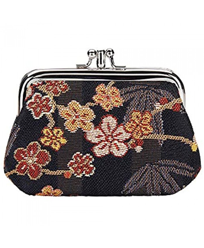 Signare Tapestry Cute exquisite Double Pocket Kiss lock Coin Purse for Women with Ume Sakura Design Japanese Style