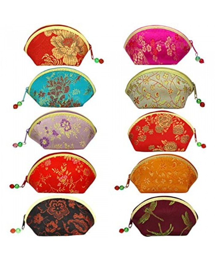 Silky Embroidered Brocade Oriental Fan Zipper Jewelry Coin Pouch Wallet (Set of 10)