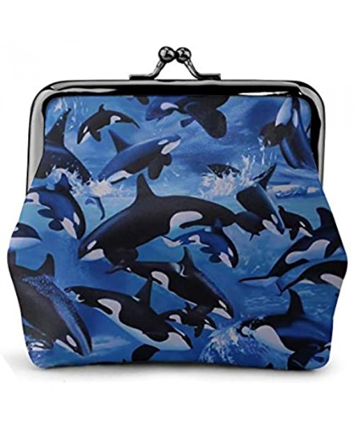 Stingar Killer Whales Orcas Ocean Sea Leather Coin Purse Kiss Lock Change Pouch Vintage Clasp Closure Buckle Wallet Small Women Gift Black One Size