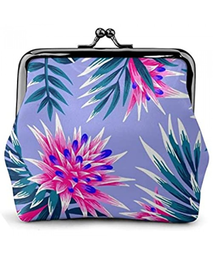 Tropical Plant Cute Purple Flowers Vintage Pouch Girl Kiss-lock Change Purse Wallets Buckle Leather Coin Purses Key Woman Printed