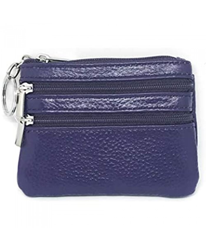 Unisex Genuine Leather Coin Purse - Mini Pouch - Money Organizer - Change Wallet with Keychain (Purple)