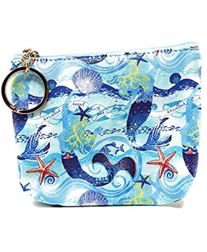 Value Arts Mermaids and Starfish Zippered Coin Purse Pouch with Key Ring