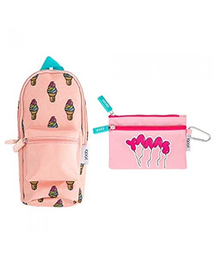 Yoobi | Backpack-Shaped Pencil Case and Coin Purse Bundle | Multicolor Prints in Rainbow Ice Cream and Pink Yaaas Balloons