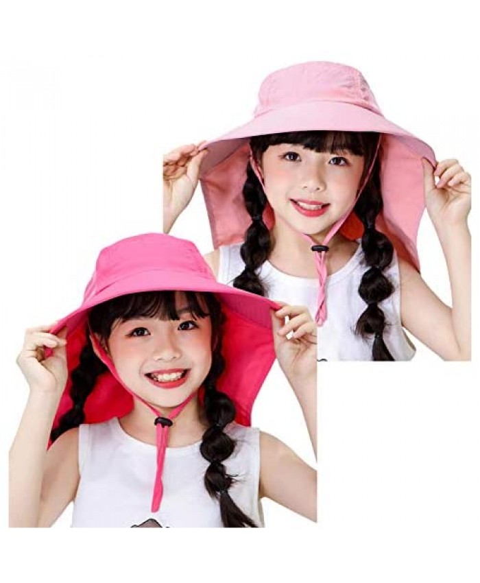 2-Pack Kids Girls Boys Beach Sun Hats UV Protection Summer Fishing Bucket Hat with String Neck Flap Cover