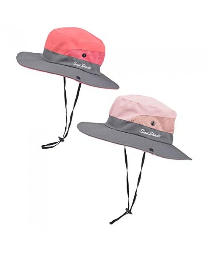 2 Pack Kids Girls Ponytail Sun Hat Beach Safari Hat Wide Brim UV Protection Summer Bucket Cap