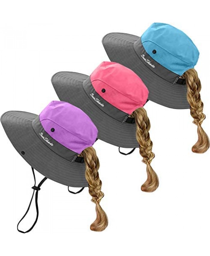 3 Pack Kids Girls Ponytail Summer Sun Hat Wide Brim UV Protection Bucket Beach Cap