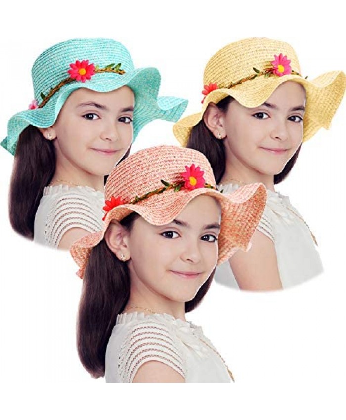 3 Pieces Girls Sun Straw Hats Wide Brim Summer Hat Woven Straw Flower Beach Hats for Sun Protection and Travel Beach 3 Colors (Pink Blue Beige)