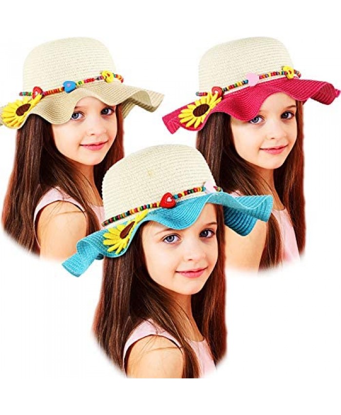 3 Pieces Kids Wide Brim Flower Sun Hats Straw Sunflower Beach Hat Summer Packable Visor Caps for Outdoor Activities