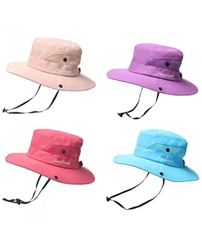 4 Pieces Kids Girls Ponytail Sun Hat UV Protection Safari Beach Hat Wide Brim Bucket Cap