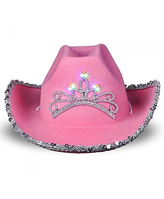ArtCreativity Light-Up Pink Cowboy Hat for Girls - Sparkly Cowgirl Hat with Sequins and a Dazzling LED Tiara - Cute Cowgirl Birthday Party Hat for Girls - Fun Shiny Cowgirl Costume Accessory