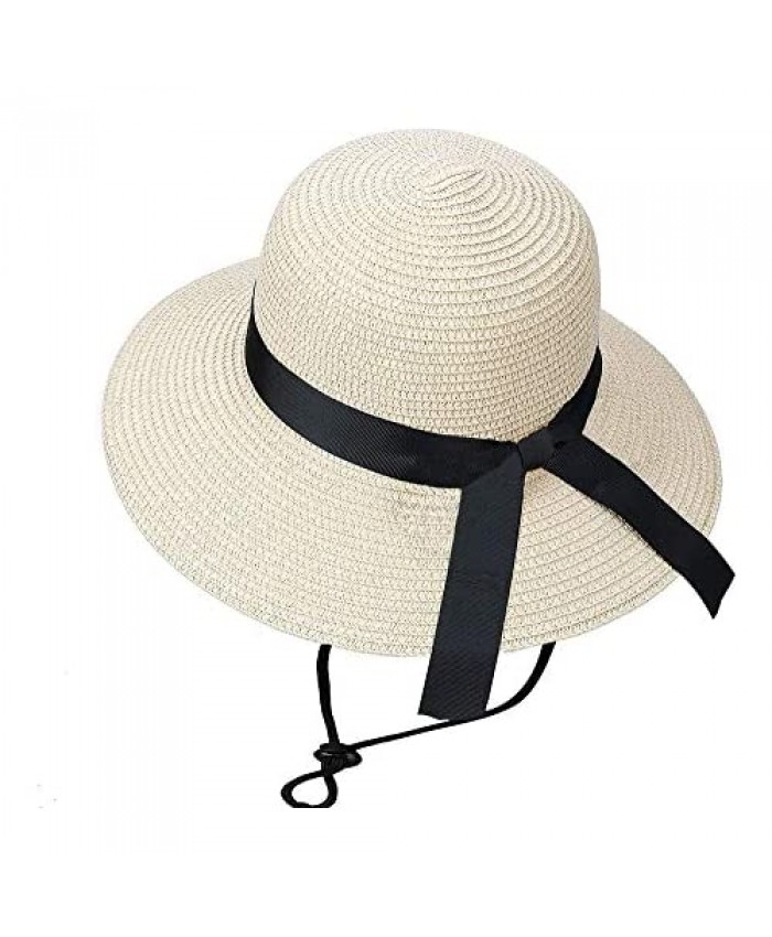 Girls Straw-Sun-Hat Summer-Beach Floppy-Hat - Kids Wide Brim Travel Sun Visor Hat with Bowknot for Girls 8 to 16 Years