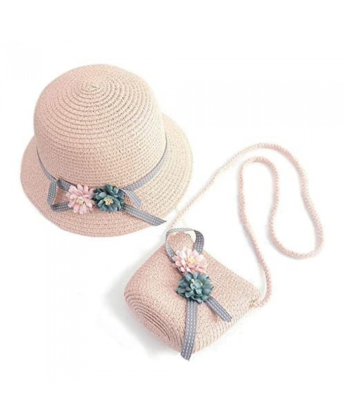 HEYDOO Girls Summer Hat Bag Set Kids Wide Brim Sun Beach Straw Flower Hats with Shoulder Bag