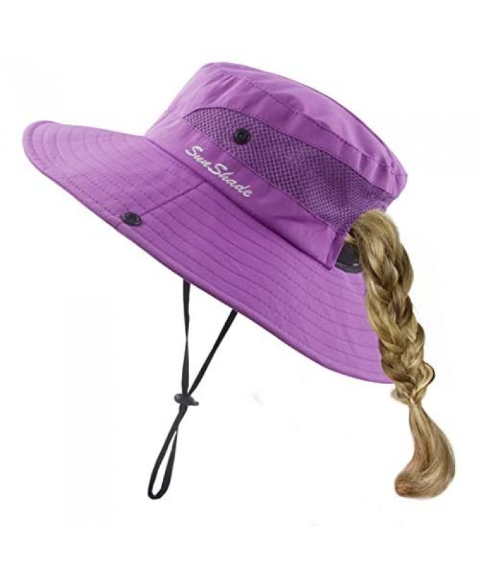 HGGE Kids Girls Sun Hat UV Protection Wide Brim Beach Cap with Ponytail Hole