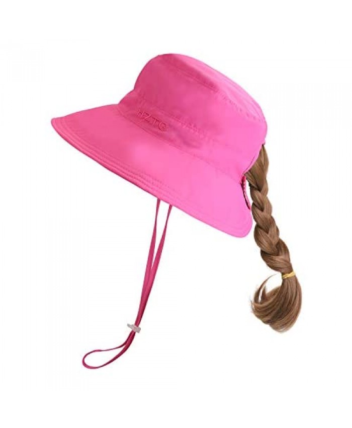 Kid's Girl's Wide Brim Bucket Sun Hat Packable Beach Play Hat with Ponytail Hole
