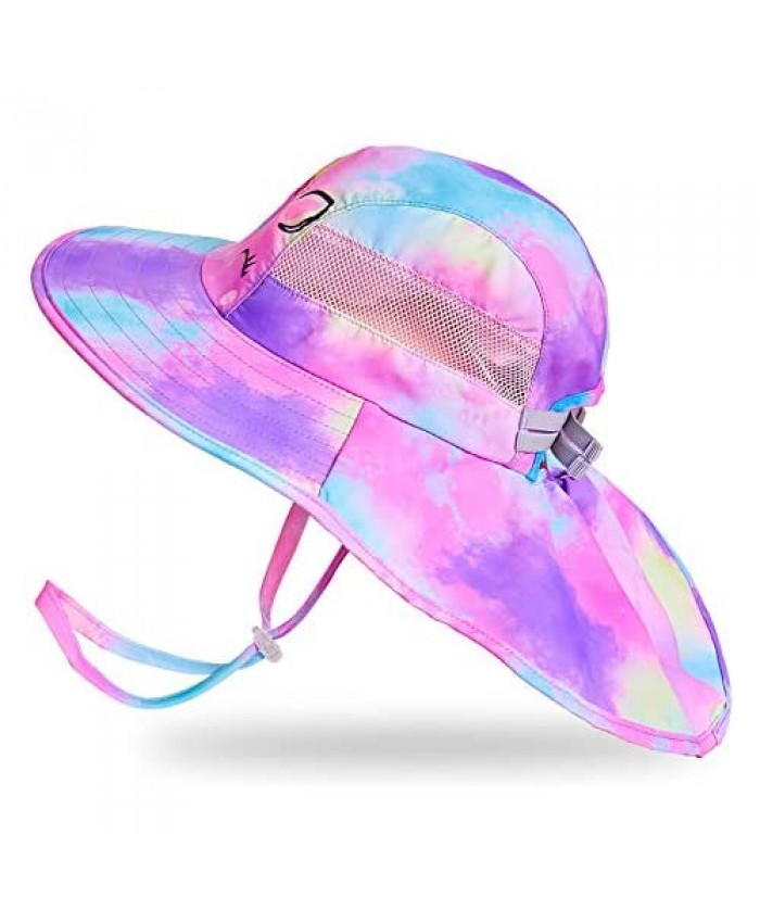 Kids Sun Hat UV Protection Unicorn Summer Beach Play Hats Wide Brim Neck Flap for Girls 2-9 Years