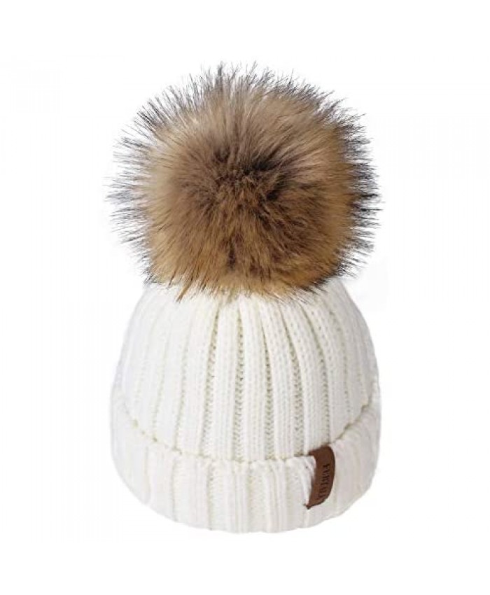 Kids Winter Knitted Pom Beanie Bobble Hat Cotton Lined Faux Fur Ball Pom Pom Cap Unisex Kids Beanie Hat…