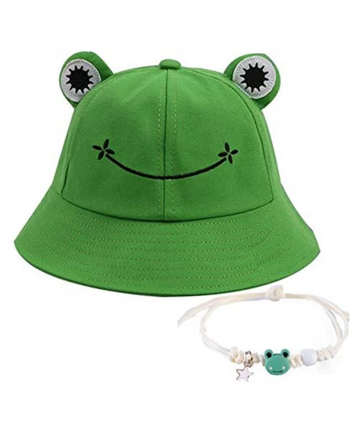 N C Cute Green Frog Bucket Hat Multicolored Frog Fisherman Cap Wide Brim Cartoon Bucket Sunhat for Children and Adult