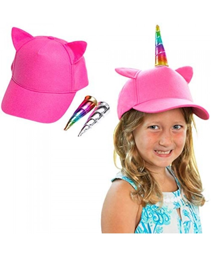 Super Cute Girls Unicorn Hat with Interchangeable Rainbow and Silver Horns. UV Resistant Kids Baseball Cap. Adjustable Size for Toddlers to Preteens 2-12. A Great Birthday Present