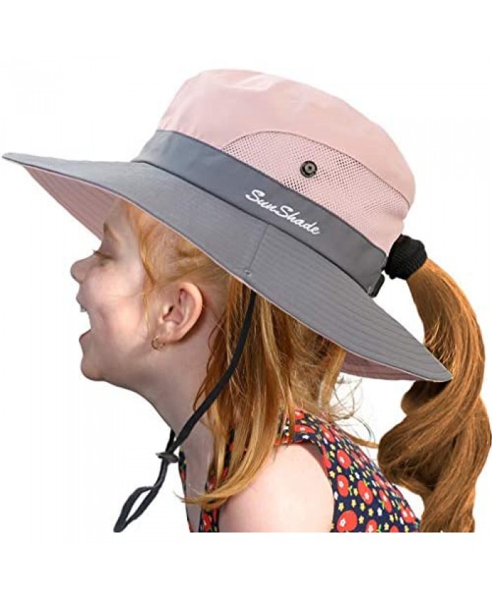 T WILKER Girls Kids Sun Hat Summer Play Beach Bucket Cap Wide Brim UV Protection with Ponytail Hole and Drawstring