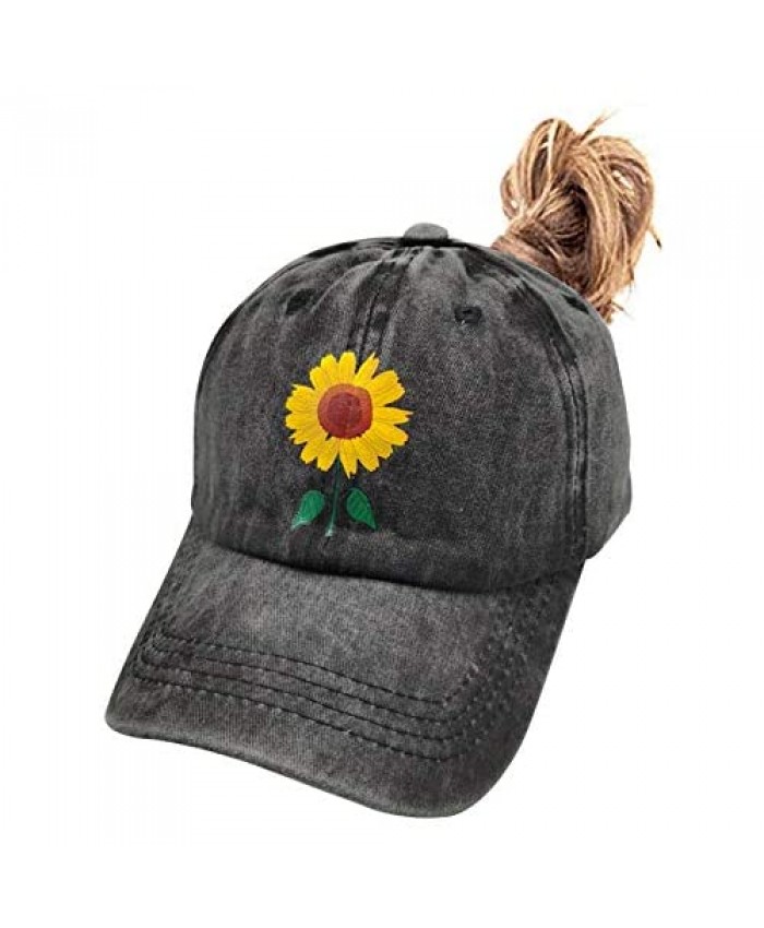 Waldeal Girls' Print Sunflower Adjustable Ponytail Hat Low Profile Washed Baseball Cap