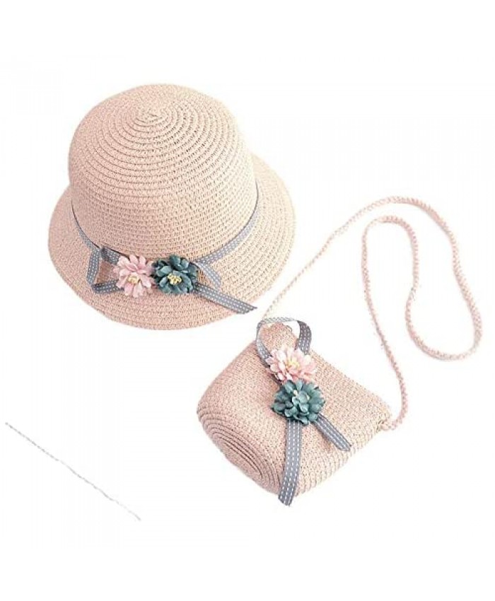 WeeH Girls Summer Wide Brim Hat Sun Beach Straw Flower Hats with Shoulder Bag