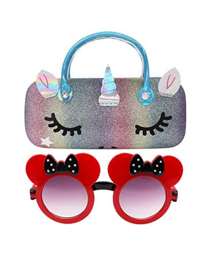Kids Toddler Bowknot Ears Flip Out Sunglasses with Unicorn Glasses Case for Little Girls Boys Party