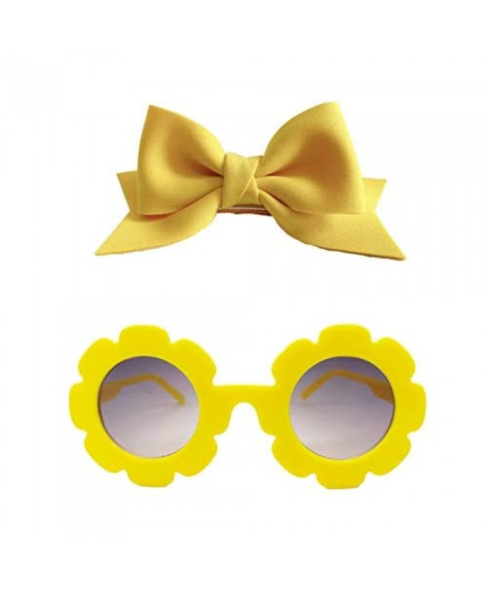 Summer Princess Gift Set: Yellow Toddler Girl Sunglasses UV 400 Protection and Yellow Hair Bow for Girl Cute Kid Flower Sunglasses and Baby Girl Hair Bow Holder Kit