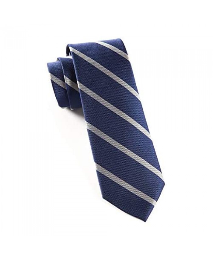 The Tie Bar 100% Woven Silk Navy and Silver Trad Striped Tie